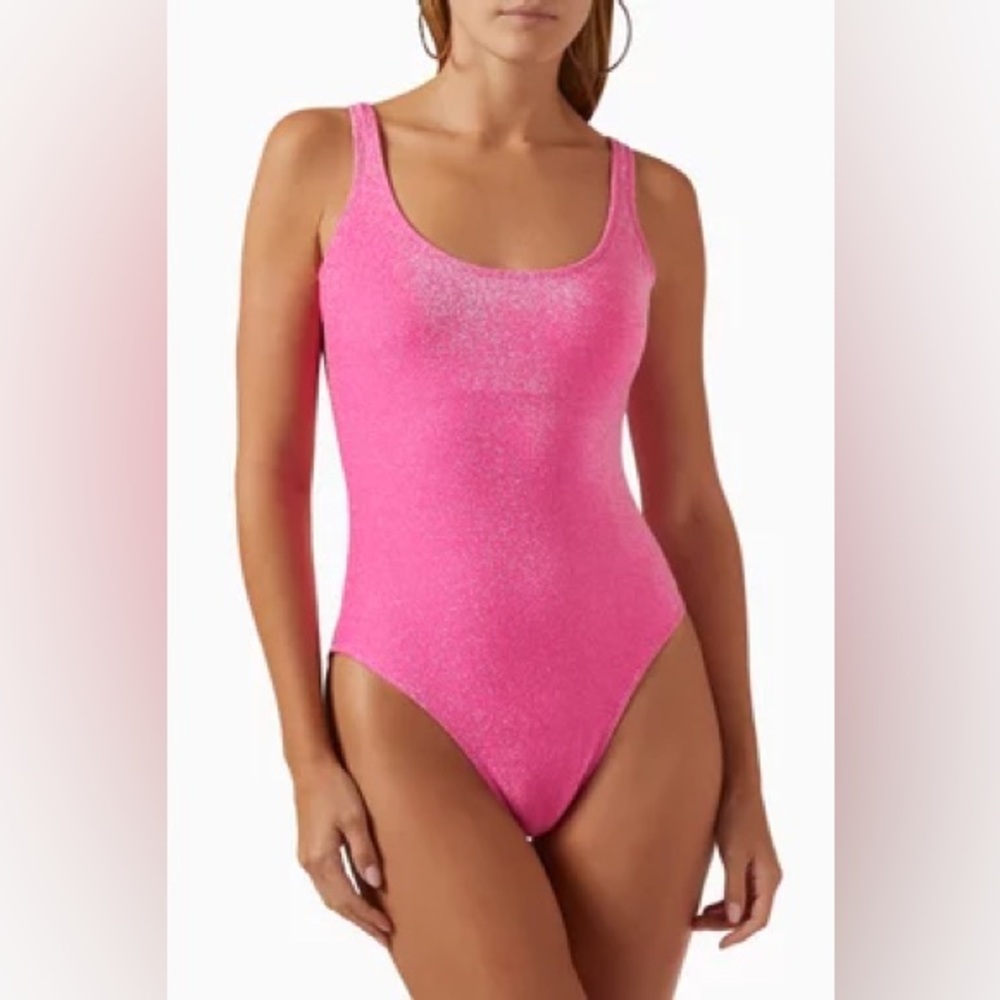 Sparkly Pink Good American High Cut One Piece Tank Swimsuit 3/L NWOT Reiss